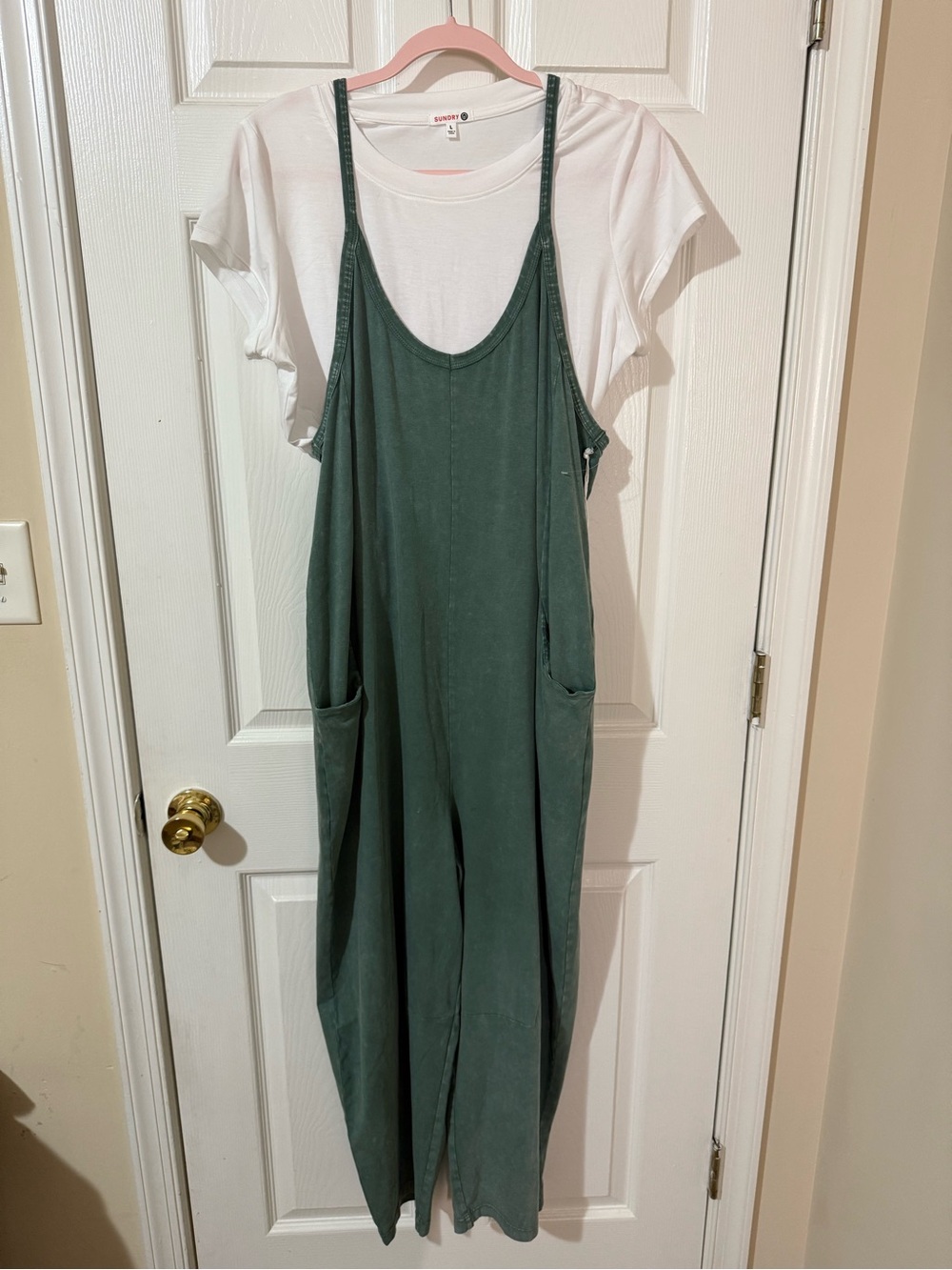 Sundry Forest Green Relaxed Wide-Leg Jumpsuit with Tee Large